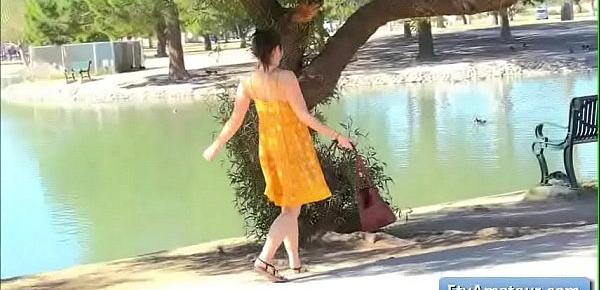  Sexy teenager amateur Kylie flash her pink pussy by the lake